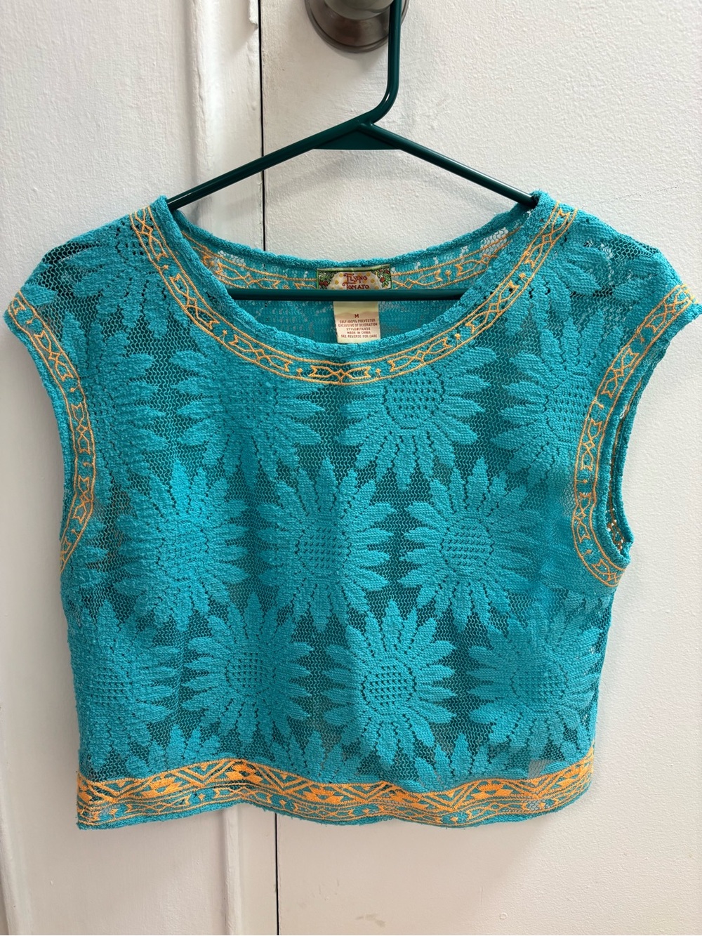 (3/$50) Vintage Turquoise Sunflower Knit Crop Top - M